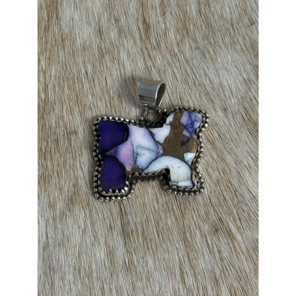 SW Native American Sterling Silver & Purple Dahlia Turquoise Cow Sheep Pendant